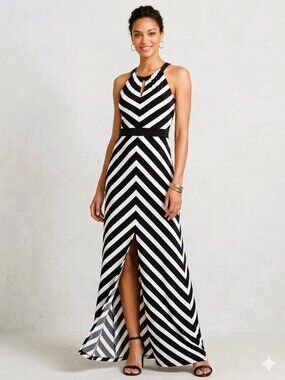 White House Black Market Chevron Maxi Dress Black White Small
